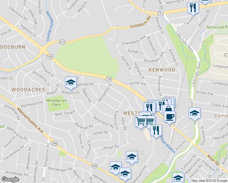 map of restaurants, bars, coffee shops, grocery stores, and more near 5510 Ridgefield Road in Bethesda