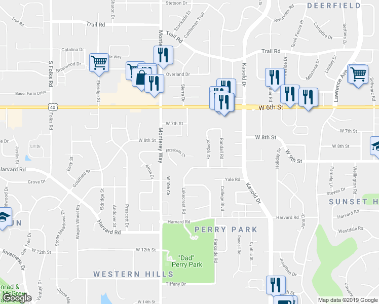 map of restaurants, bars, coffee shops, grocery stores, and more near 3712 Elizabeth Court in Lawrence