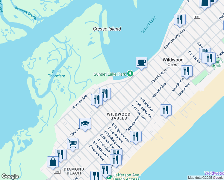 map of restaurants, bars, coffee shops, grocery stores, and more near 107 West Toledo Avenue in Wildwood Crest