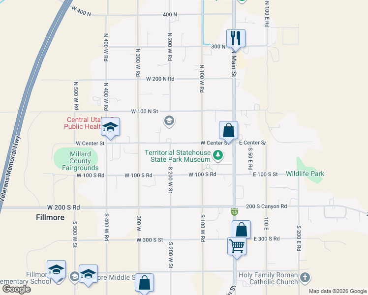 map of restaurants, bars, coffee shops, grocery stores, and more near 155 West Center Street in Fillmore