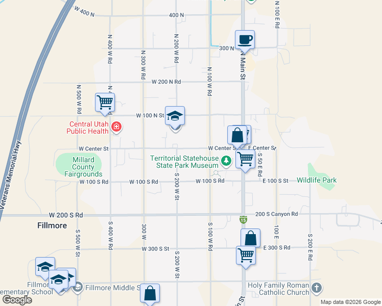 map of restaurants, bars, coffee shops, grocery stores, and more near 155 West Center Street in Fillmore