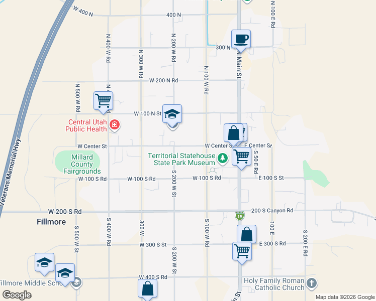 map of restaurants, bars, coffee shops, grocery stores, and more near 135 West Center Street in Fillmore