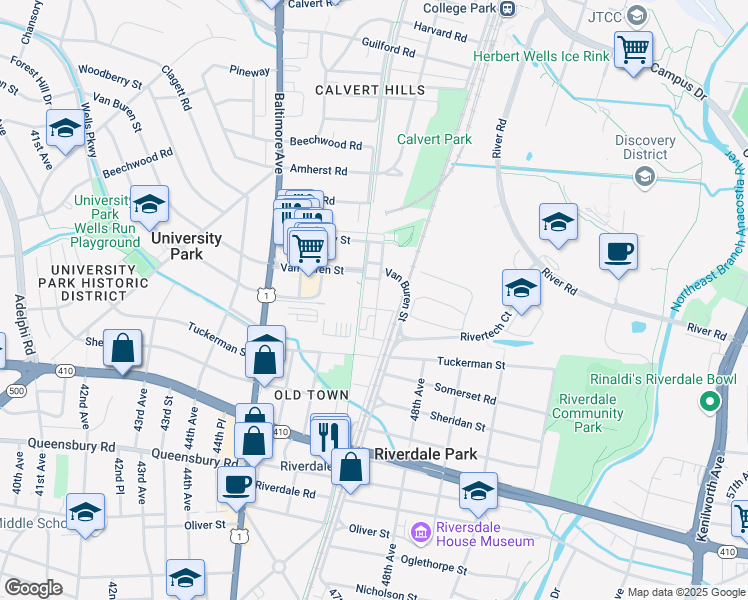 map of restaurants, bars, coffee shops, grocery stores, and more near 6500 47th Street in Riverdale Park