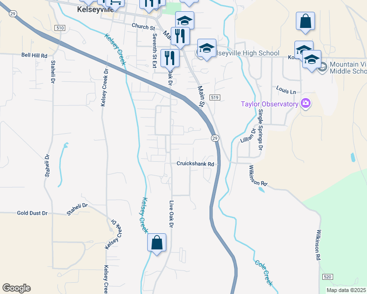 map of restaurants, bars, coffee shops, grocery stores, and more near 4345 Montgomery Court in Kelseyville