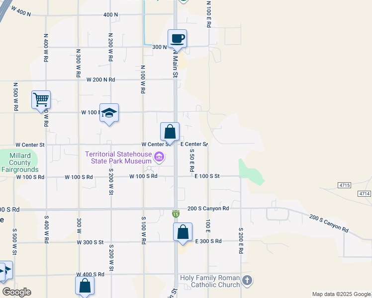 map of restaurants, bars, coffee shops, grocery stores, and more near 30 East Center Street in Fillmore
