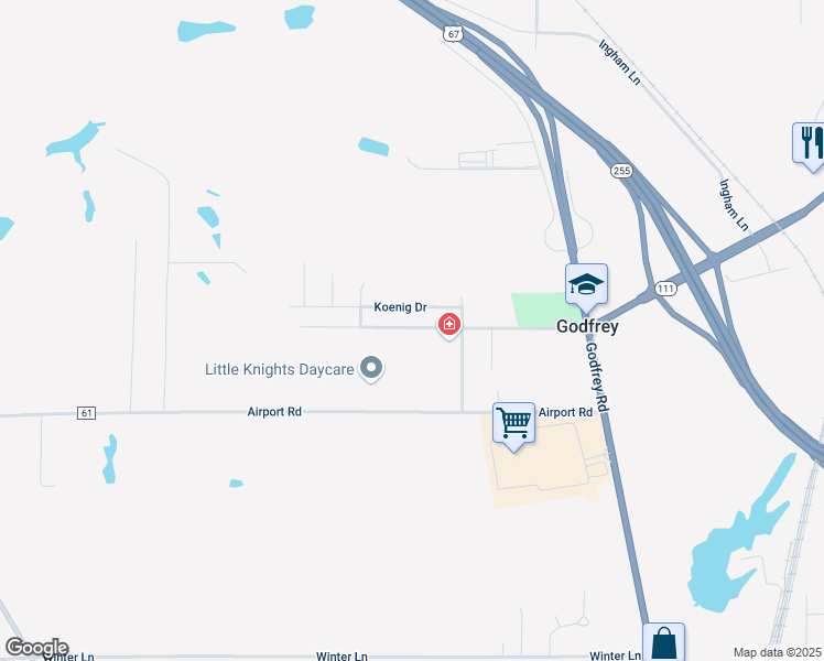 map of restaurants, bars, coffee shops, grocery stores, and more near 989 Koenig Drive in Godfrey