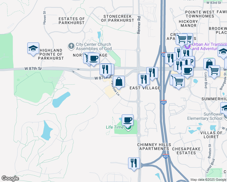 map of restaurants, bars, coffee shops, grocery stores, and more near 8800 Penrose Lane in Lenexa