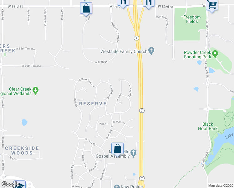 map of restaurants, bars, coffee shops, grocery stores, and more near 8801 Dunraven Street in Lenexa