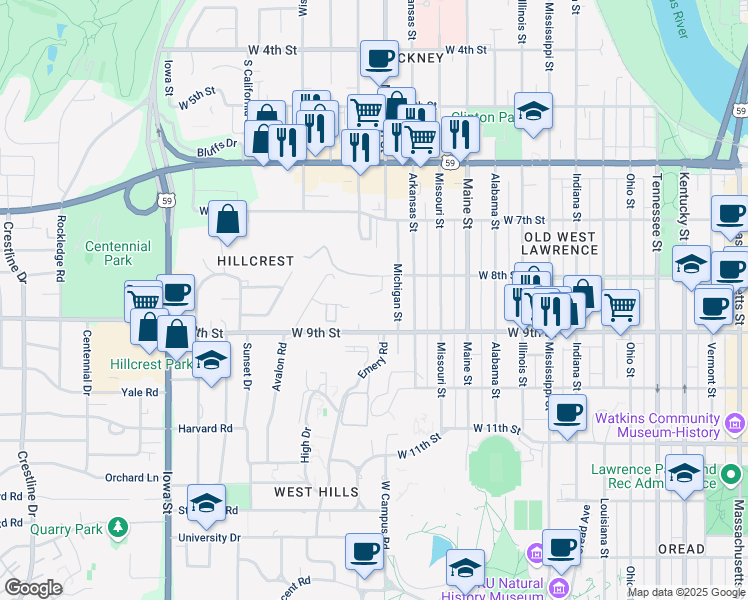 map of restaurants, bars, coffee shops, grocery stores, and more near 817 Canterbury Lane in Lawrence