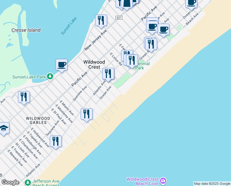 map of restaurants, bars, coffee shops, grocery stores, and more near 515 East Orchid Road in Wildwood Crest