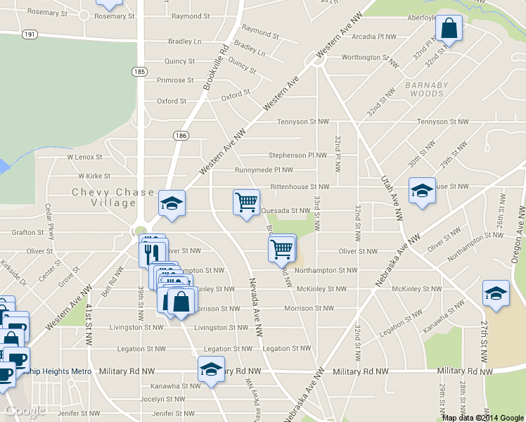 map of restaurants, bars, coffee shops, grocery stores, and more near 3400 Quesada Street Northwest in Washington