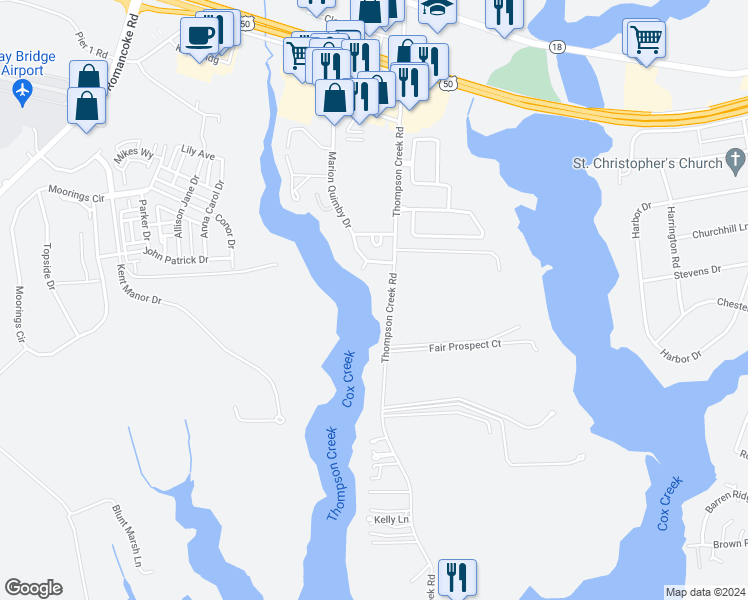map of restaurants, bars, coffee shops, grocery stores, and more near 720 Thompson Creek Road in Stevensville