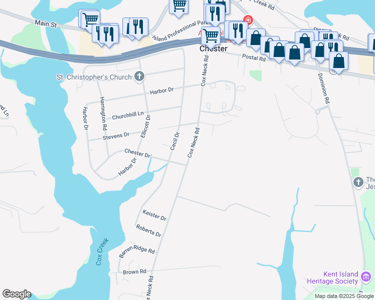 map of restaurants, bars, coffee shops, grocery stores, and more near 2639 Cox Neck Road in Chester