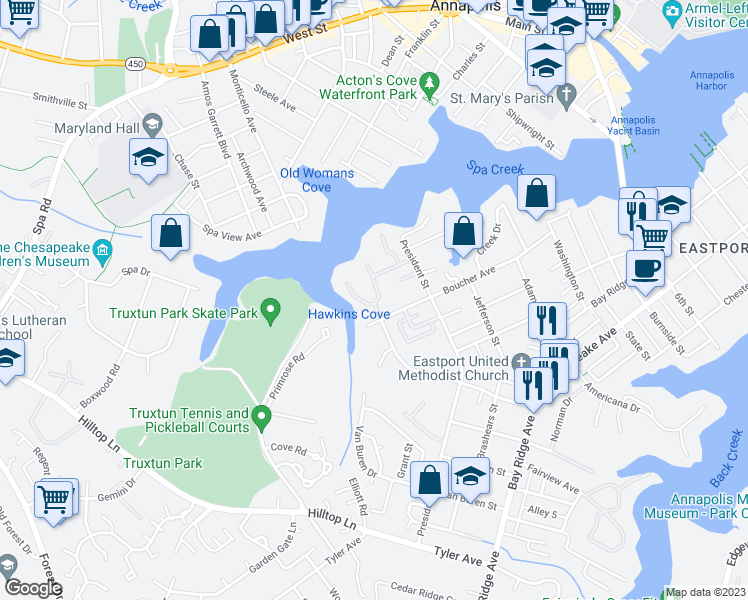 map of restaurants, bars, coffee shops, grocery stores, and more near 8 Spa Creek Landing in Annapolis
