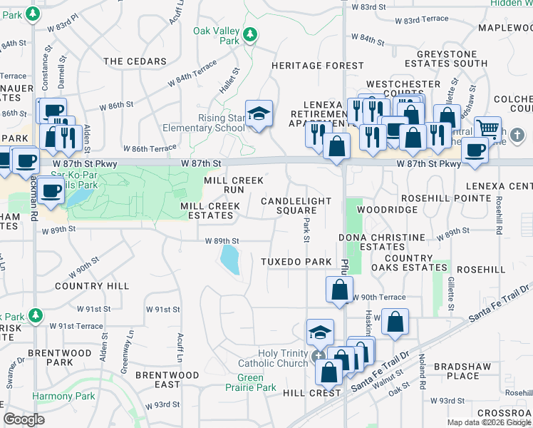 map of restaurants, bars, coffee shops, grocery stores, and more near 8839 Cottonwood Street in Lenexa