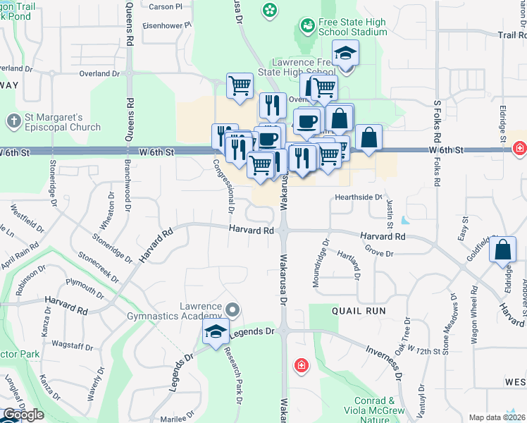 map of restaurants, bars, coffee shops, grocery stores, and more near 4912 Colonial Way in Lawrence