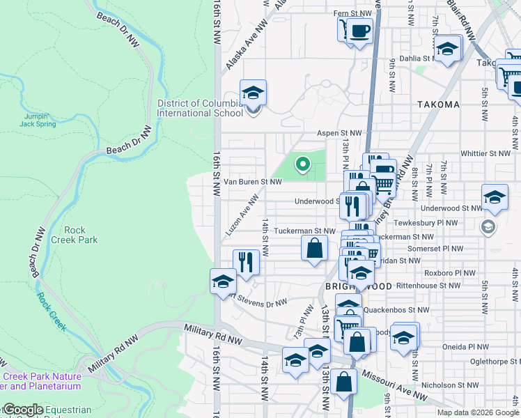 map of restaurants, bars, coffee shops, grocery stores, and more near 6445 Luzon Avenue Northwest in Washington