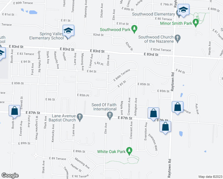 map of restaurants, bars, coffee shops, grocery stores, and more near 9310 East 85 Street in Raytown