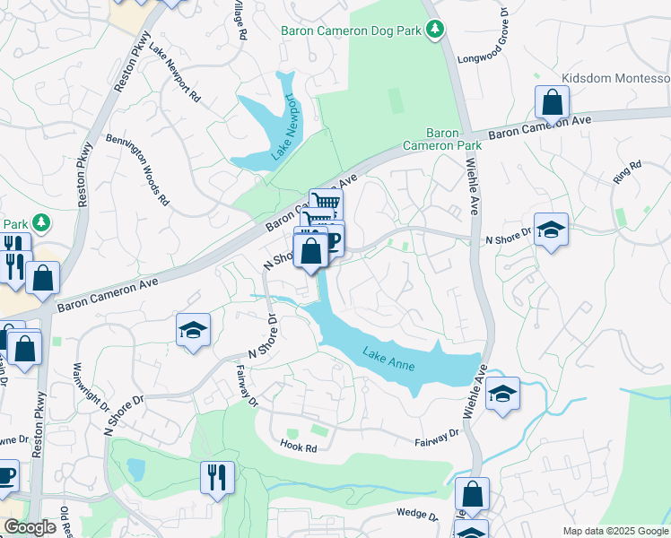 map of restaurants, bars, coffee shops, grocery stores, and more near 1642 Chimney House Road in Reston