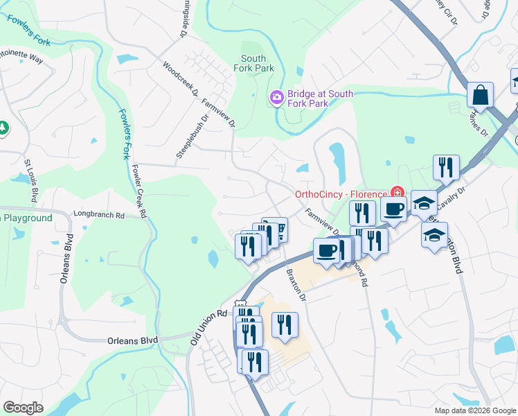 map of restaurants, bars, coffee shops, grocery stores, and more near 12 Barnwood Court in Florence