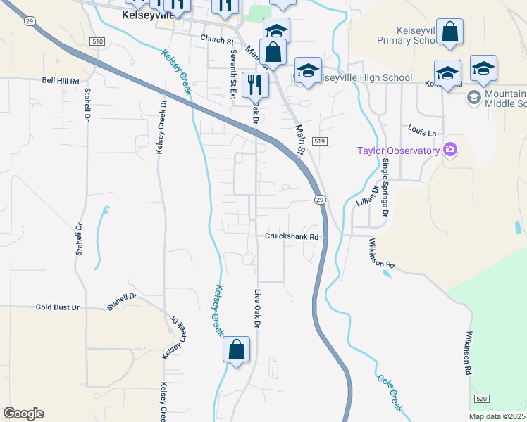 map of restaurants, bars, coffee shops, grocery stores, and more near 4345 Montgomery Court in Kelseyville