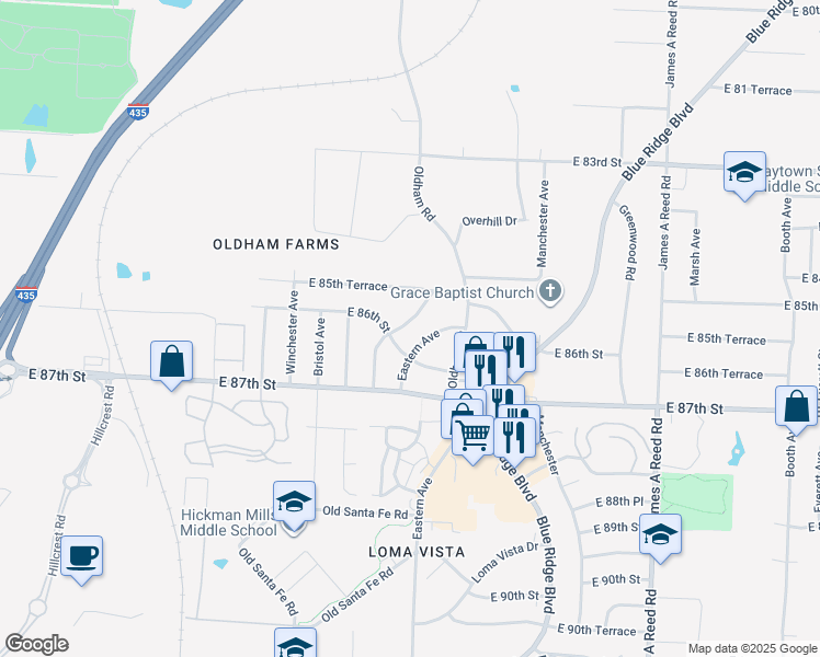 map of restaurants, bars, coffee shops, grocery stores, and more near 8511 Crystal Avenue in Kansas City
