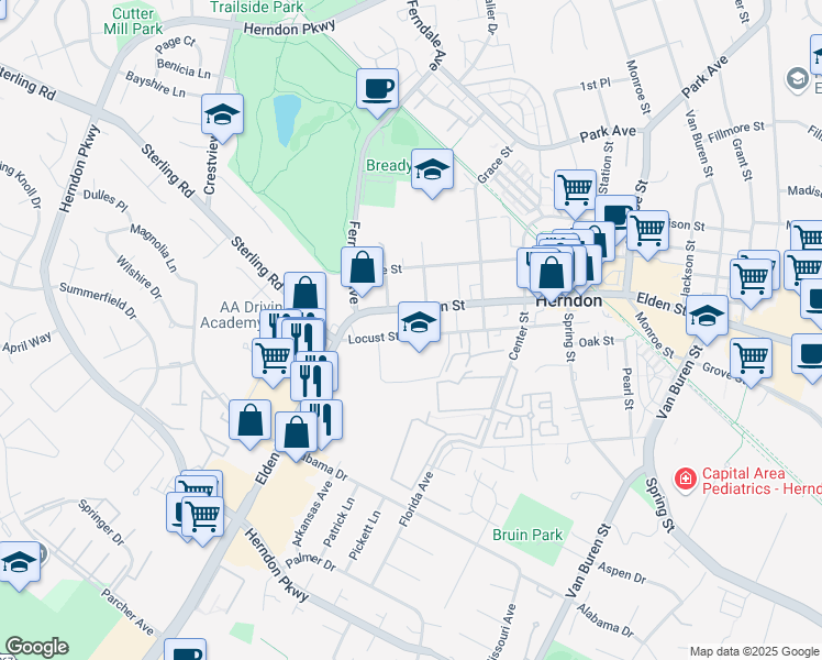 map of restaurants, bars, coffee shops, grocery stores, and more near 910 Locust Street in Herndon