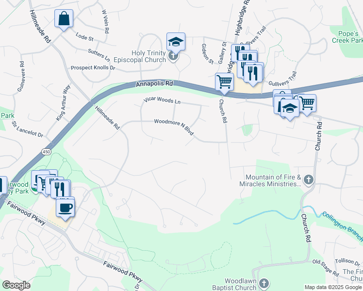 map of restaurants, bars, coffee shops, grocery stores, and more near 13005 Woodmore North Boulevard in Bowie