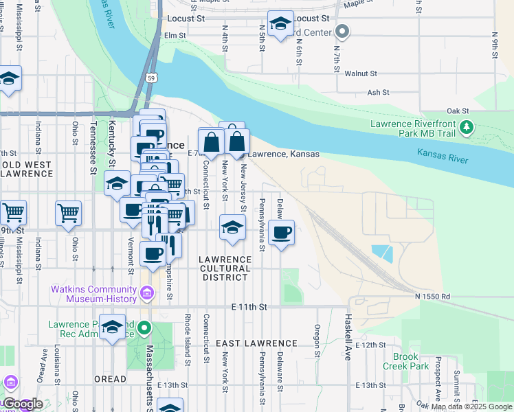 map of restaurants, bars, coffee shops, grocery stores, and more near 800 Pennsylvania Street in Lawrence