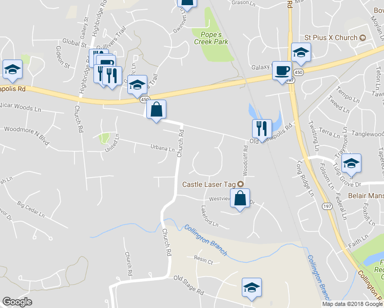 map of restaurants, bars, coffee shops, grocery stores, and more near 13905 Lake Meadows Drive in Bowie