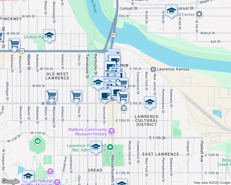 map of restaurants, bars, coffee shops, grocery stores, and more near 825 New Hampshire Street in Lawrence