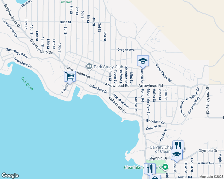 map of restaurants, bars, coffee shops, grocery stores, and more near 3660 Park Street in Clearlake