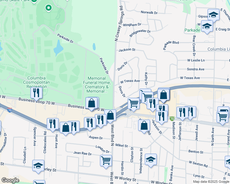 map of restaurants, bars, coffee shops, grocery stores, and more near 1410 North Creasy Springs Road in Columbia