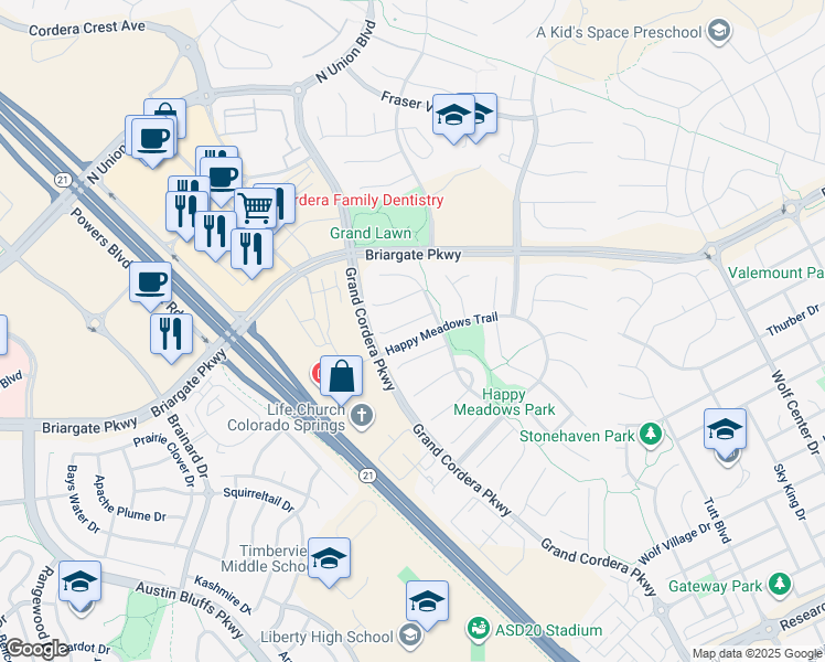 map of restaurants, bars, coffee shops, grocery stores, and more near 4855 Preachers Hollow Trail in Colorado Springs