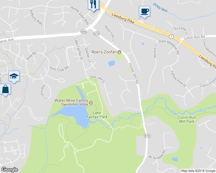 map of restaurants, bars, coffee shops, grocery stores, and more near 1389 Park Lake Dr in Reston