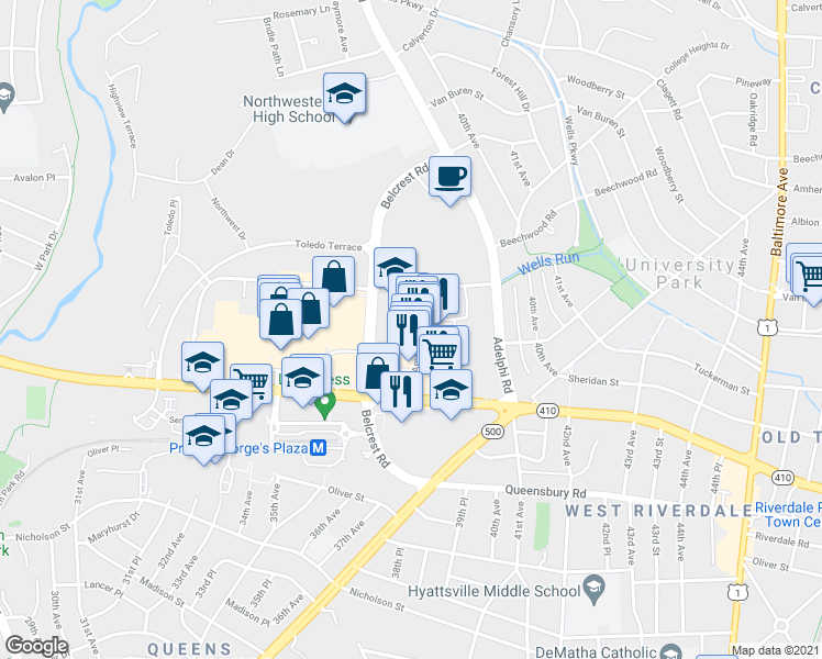 map of restaurants, bars, coffee shops, grocery stores, and more near 6504 America Boulevard in Hyattsville