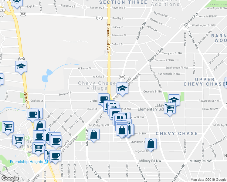 map of restaurants, bars, coffee shops, grocery stores, and more near 9 Chevy Chase Circle in Chevy Chase