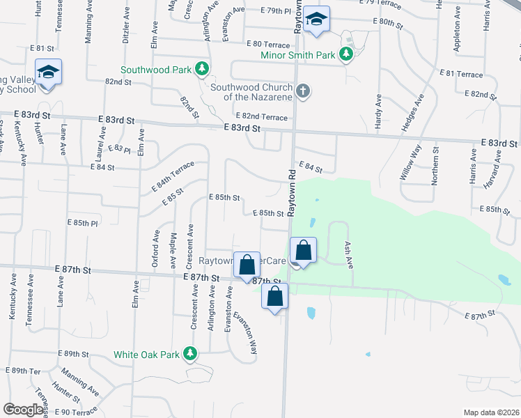 map of restaurants, bars, coffee shops, grocery stores, and more near 9900 East 85th Street in Raytown