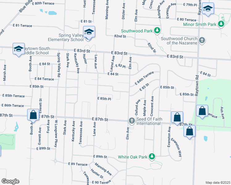 map of restaurants, bars, coffee shops, grocery stores, and more near 8508 Ditzler Avenue in Raytown