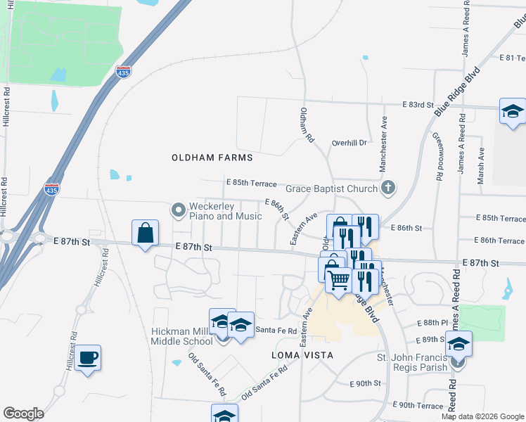 map of restaurants, bars, coffee shops, grocery stores, and more near 8602 Crystal Avenue in Kansas City