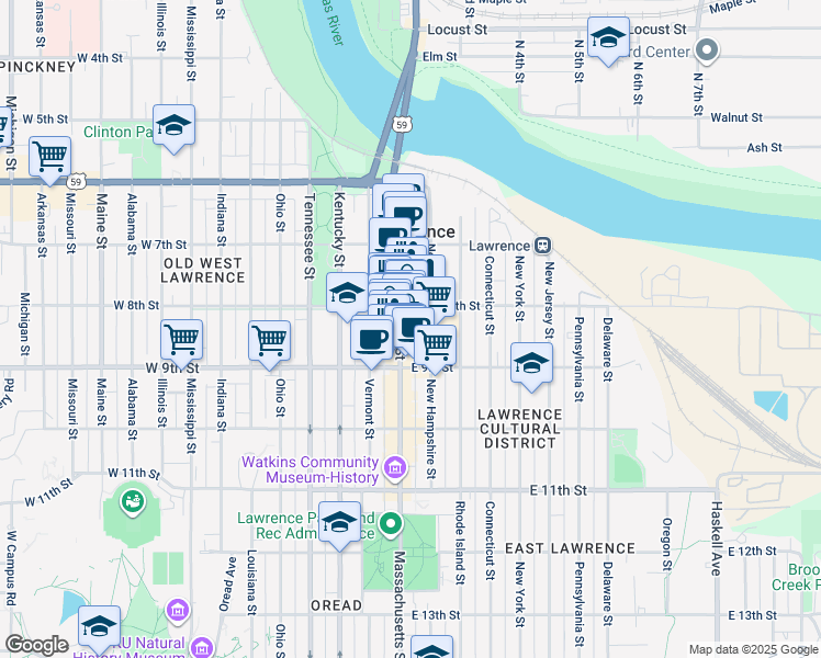 map of restaurants, bars, coffee shops, grocery stores, and more near 825 New Hampshire Street in Lawrence