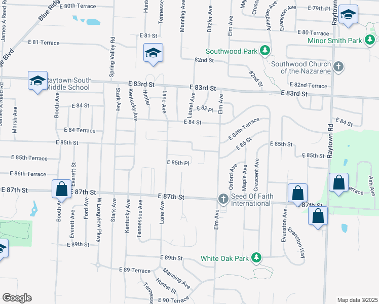 map of restaurants, bars, coffee shops, grocery stores, and more near 9036 East 85th Terrace in Raytown