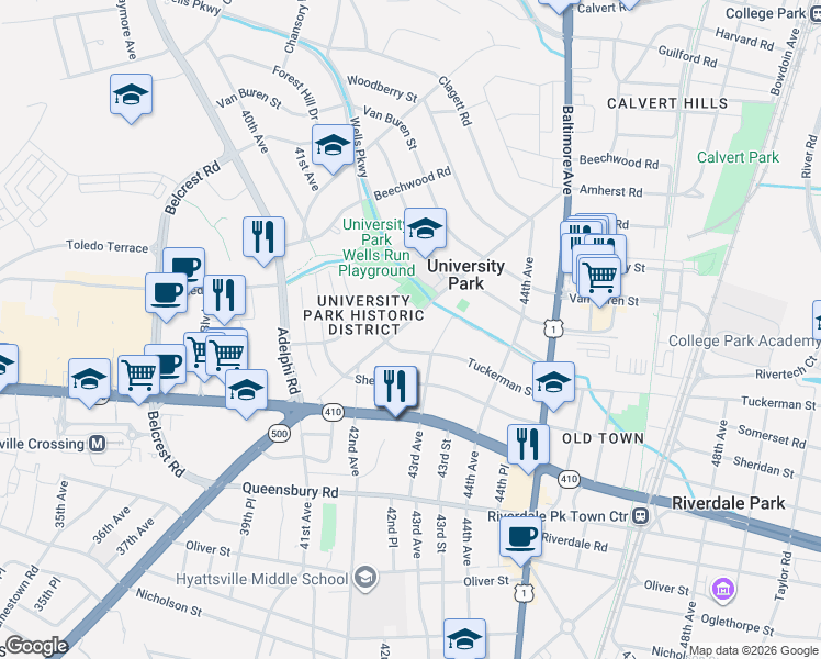 map of restaurants, bars, coffee shops, grocery stores, and more near 6507 Queens Chapel Road in University Park
