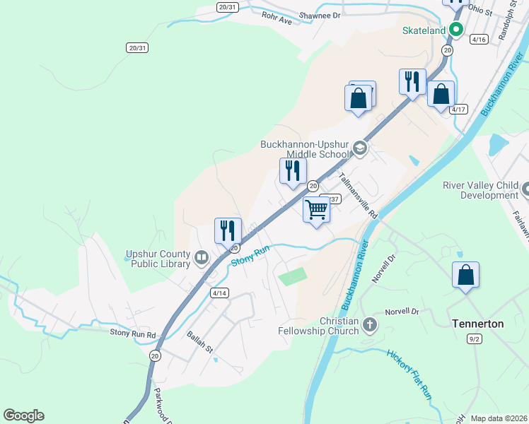 map of restaurants, bars, coffee shops, grocery stores, and more near 840 Highway 20 in Buckhannon
