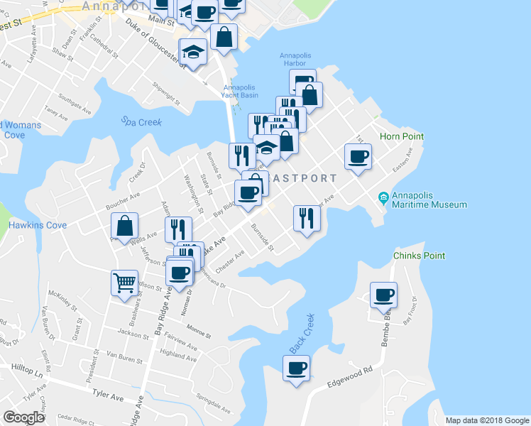 map of restaurants, bars, coffee shops, grocery stores, and more near 504 6th St in Annapolis