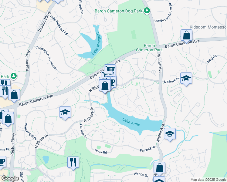 map of restaurants, bars, coffee shops, grocery stores, and more near 1642 Chimney House Road in Reston
