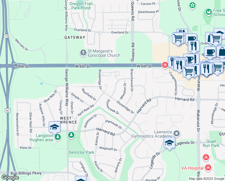 map of restaurants, bars, coffee shops, grocery stores, and more near 924 Stonecreek Drive in Lawrence