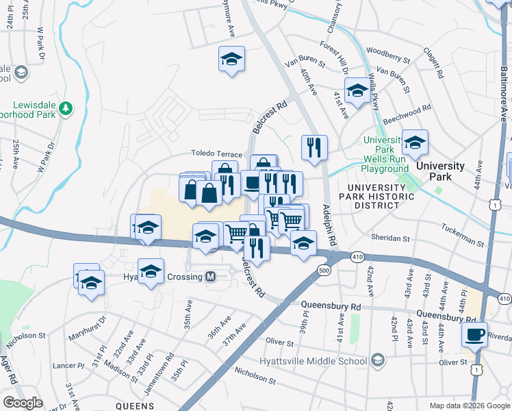 map of restaurants, bars, coffee shops, grocery stores, and more near 6515 Belcrest Road in Hyattsville