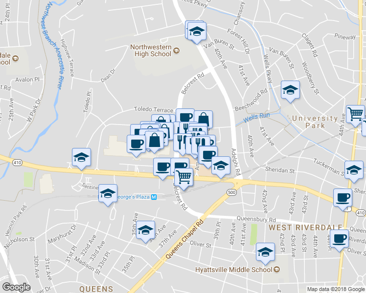 map of restaurants, bars, coffee shops, grocery stores, and more near 6515 Belcrest Road in Hyattsville