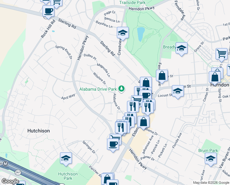map of restaurants, bars, coffee shops, grocery stores, and more near 1200 Alabama Drive in Herndon